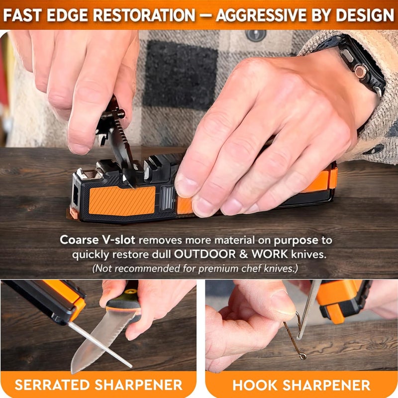 Sharp Pebble Orange Ninja Pocket Knife Sharpener with Guided Diamond Whetstones – 8-in-1 Tool Sharpener for EDC, Outdoor, Hunting & Camping Knives - Includes Diamond Rod, Leather Strop & Fire Starter - Image 4
